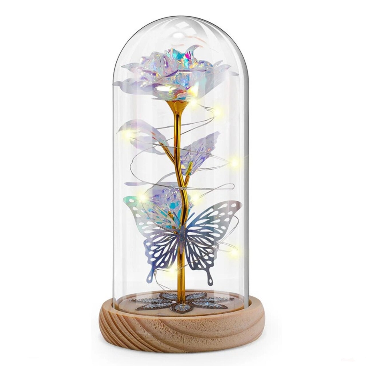 Eternal Preserved LED Rose with Butterfly in Glass Dome Décor